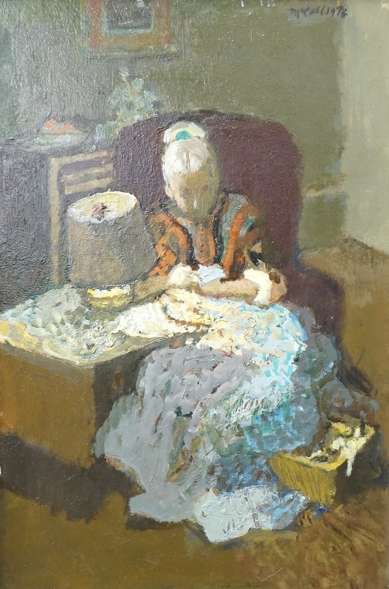 Charles McCall (Scottish, 1907-1989), Woman sewing, signed and dated 1976, oil on board, various labels to include Christies, St. James, London, September 1995 verso, 30 x 20cm